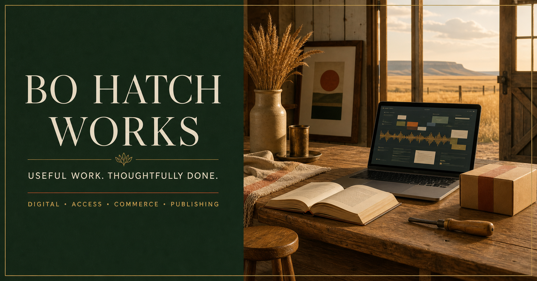 Bo Hatch Works brand image with a warm Alberta studio, laptop, book, package and practical tools